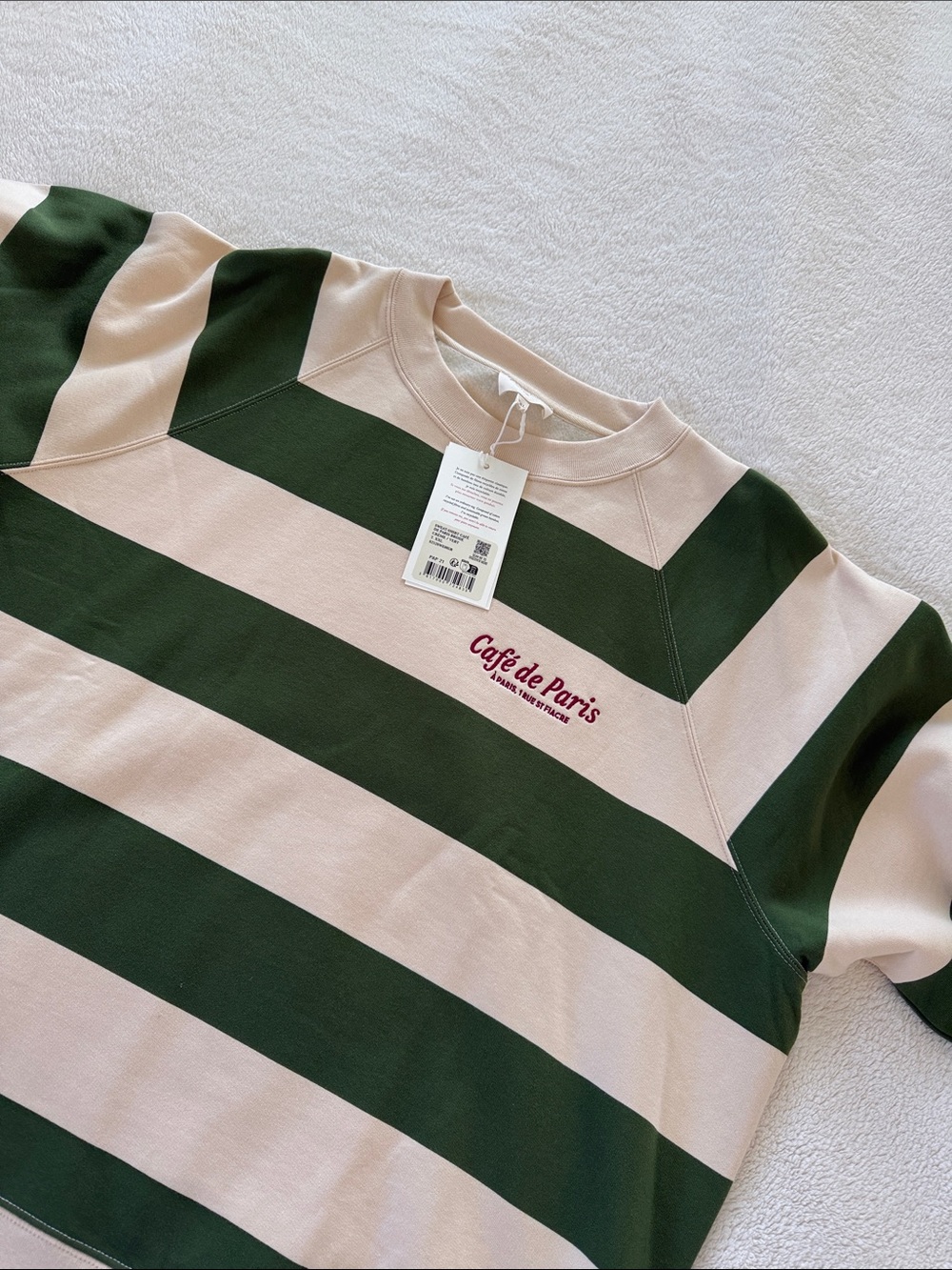 Sezane Green & Cream Striped Café de Paris Crewneck Sweatshirt